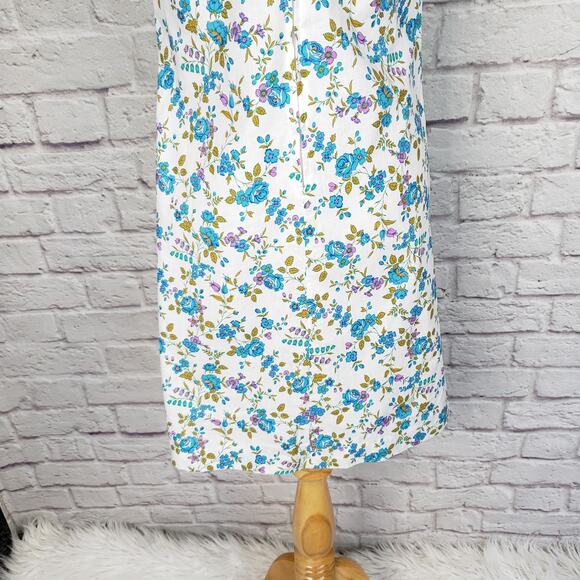 Vintage 1970s Sheath Dress Blue Floral Peterpan Collar Shirred Neckline Fits XS - Picture 11 of 13